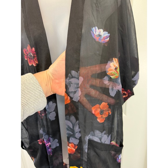 Rachel Zoe Black Floral Sheer Duster Cardigan Kimono One Size Boho Festival Chic - Picture 8 of 9